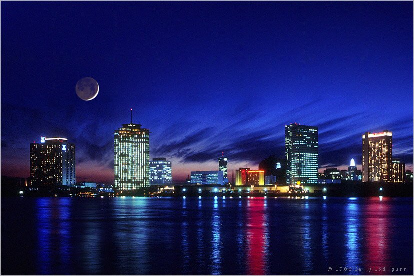 Mississippi River, New Orleans Skyline, Crescent Moon with Earth